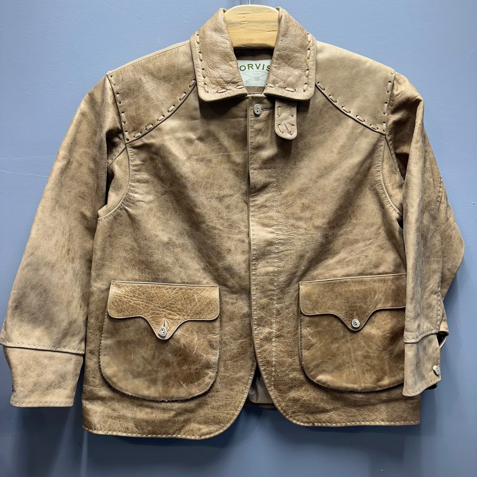 Orvis Men's Heritage Field Jacket Wool Leather Trim Button Front Size L